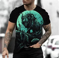 Man modelling a short-sleeved grey T-shirt with a retro-style 3D animal graphic print on the front.