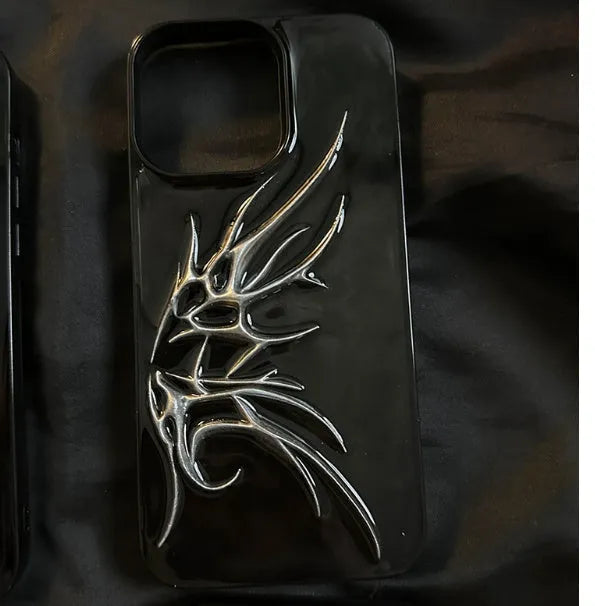 Black iPhone case with three-dimensional wings design showing textured surface