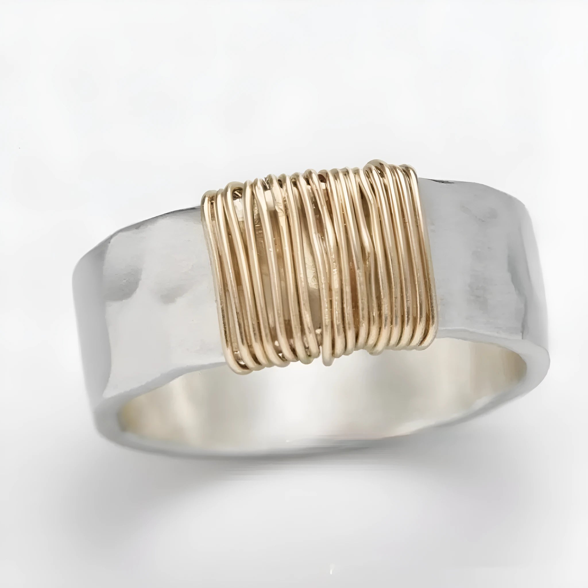 Copper geometric wide face bracelet ring with irregular vintage coil style in silver golden colour