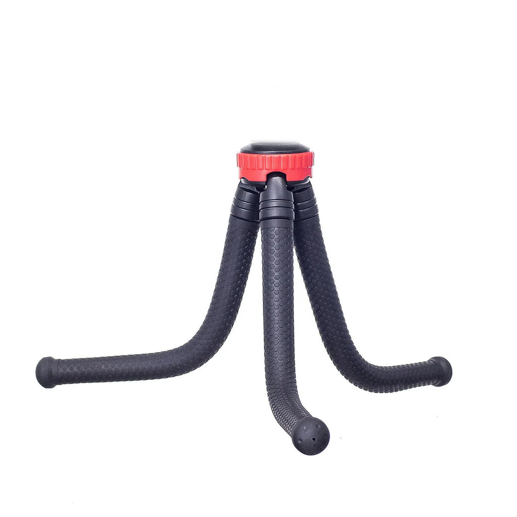 Black octopus tripod with eight flexible rubber legs and a spherical gimbal head for mounting cameras and phones.