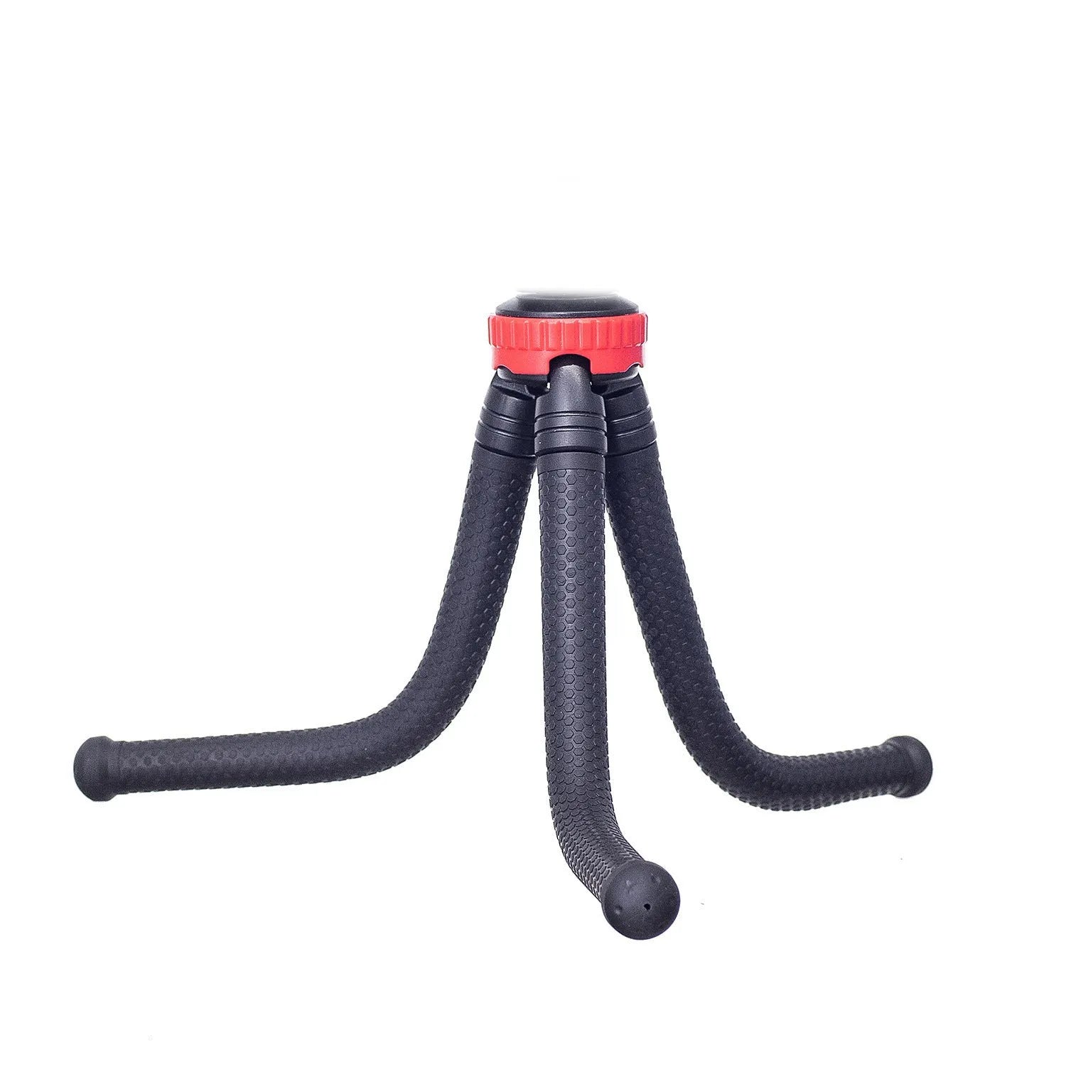 Black octopus tripod with eight flexible rubber legs and a spherical gimbal head for mounting cameras and phones.