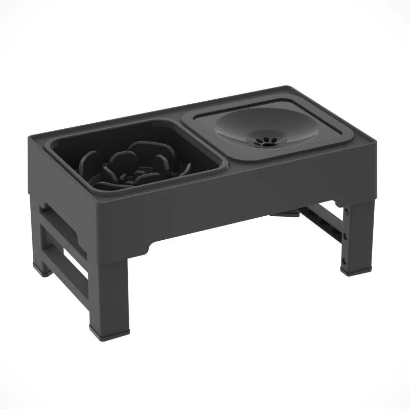 Adjustable height grey dog feeding stand with two stainless steel bowls on an anti-slip base