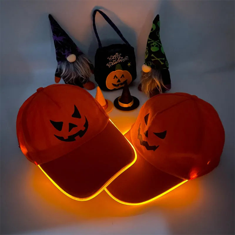 Halloween LED baseball cap showing integrated lighting effects in various pumpkin and solid colour designs
