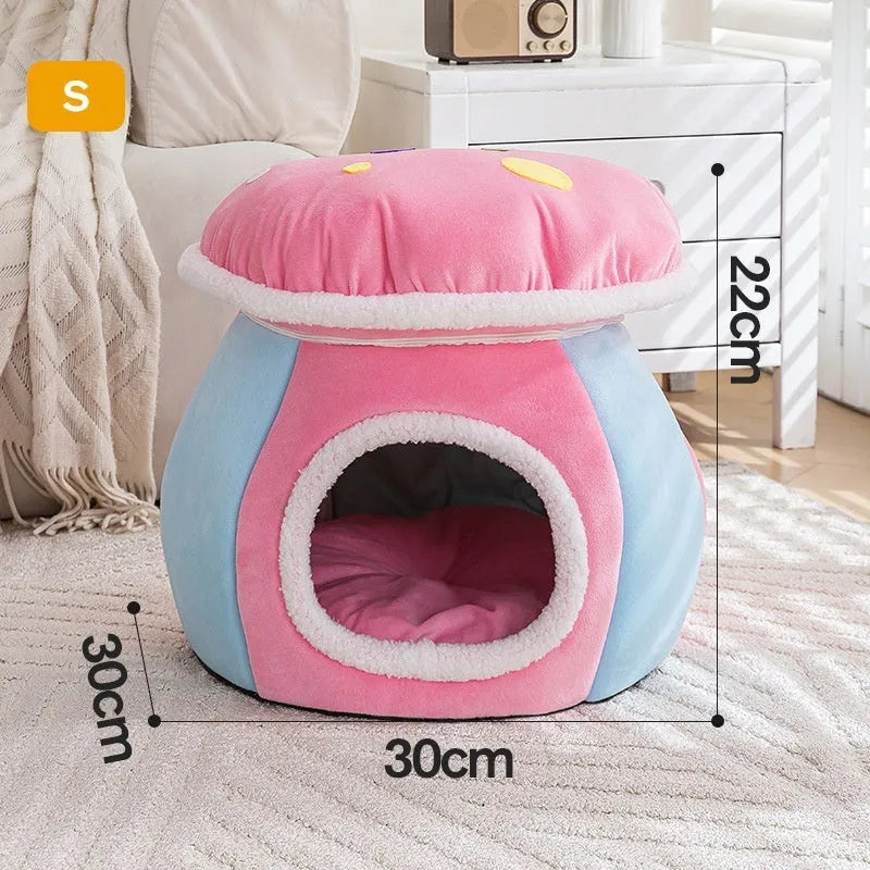 Mushroom-shaped cat nest with plush lining in grey, pink, or purple colours