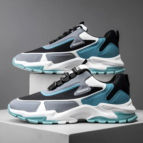 Men's breathable mesh running shoes with injection moulded sole, front lace-up, black and blue colour, size 39-44