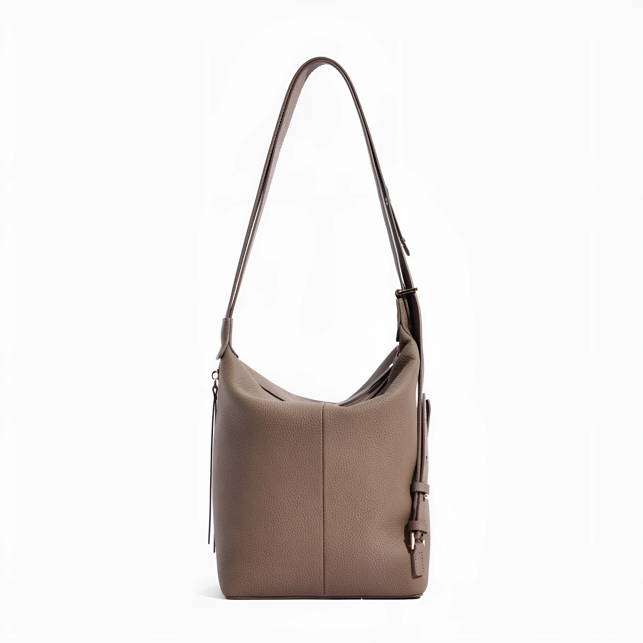 Soft genuine cowhide leather women's bucket shoulder bag in elephant grey colour