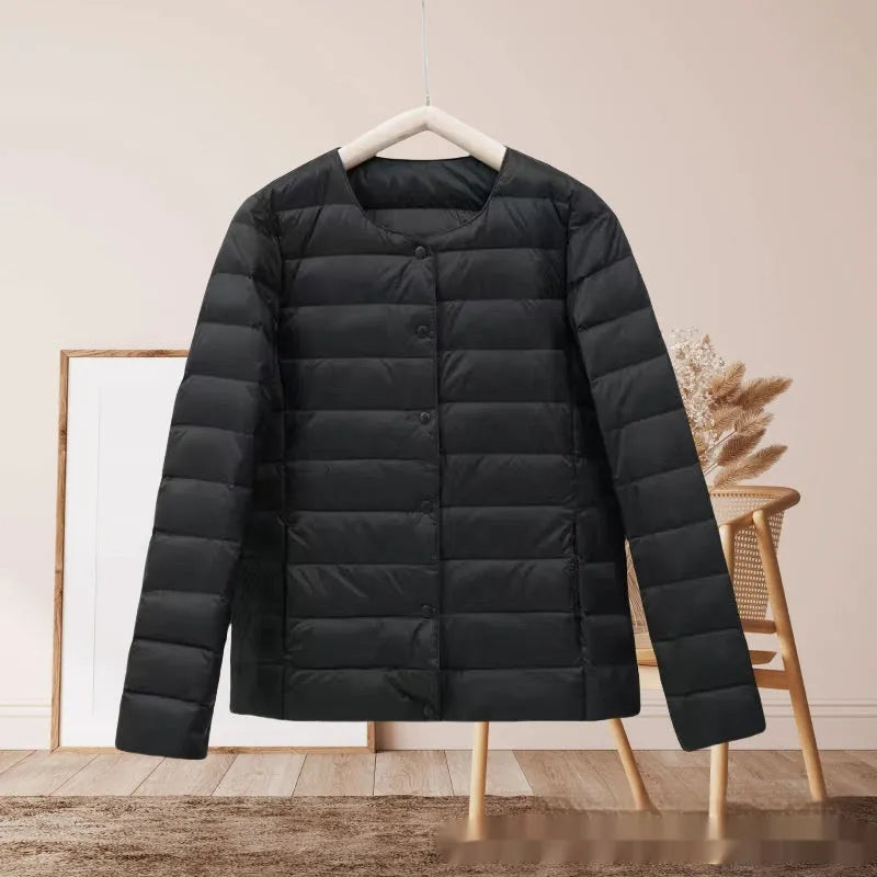 Short autumn winter lightweight cotton-padded jacket for women in beige loose fit long sleeve polyester