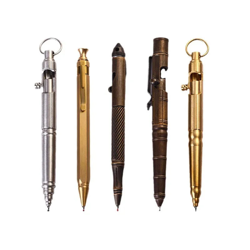 Brass tactical pen with bolt mechanism and six-ring grip pattern