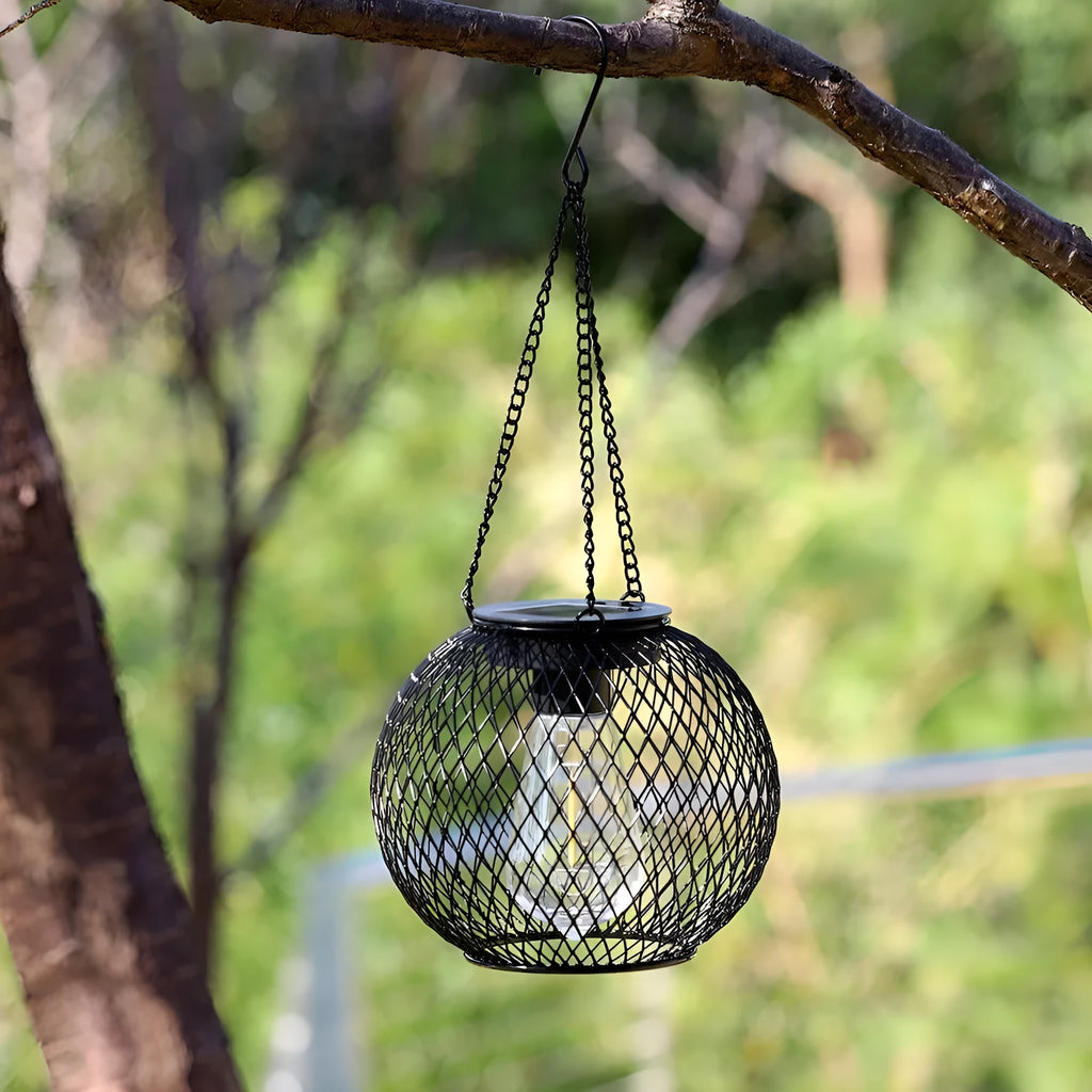 Outdoor garden courtyard hollow-out iron lantern lamp with super bright light, cylindrical or round flat iron design