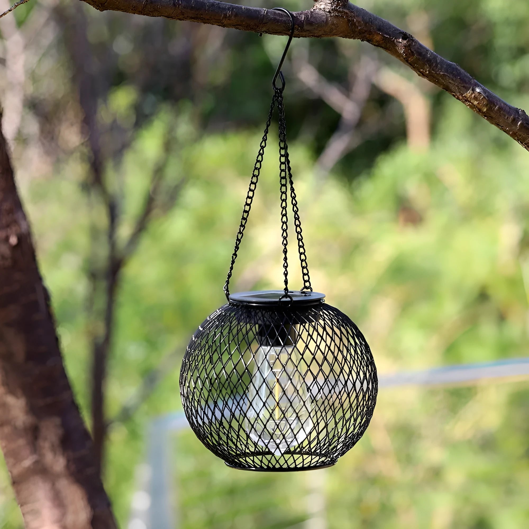Outdoor garden courtyard hollow-out iron lantern lamp with super bright light, cylindrical or round flat iron design