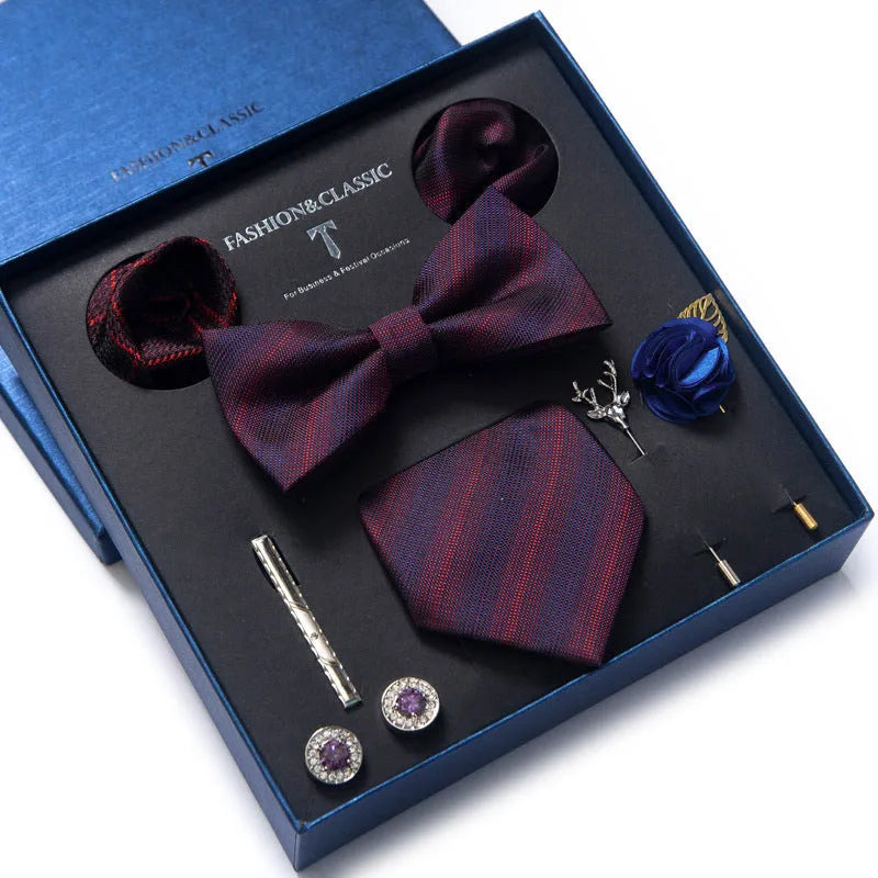 Men's 8-piece rayon jacquard bow tie set, heart shape arrow style, monochrome pattern, 146cm length