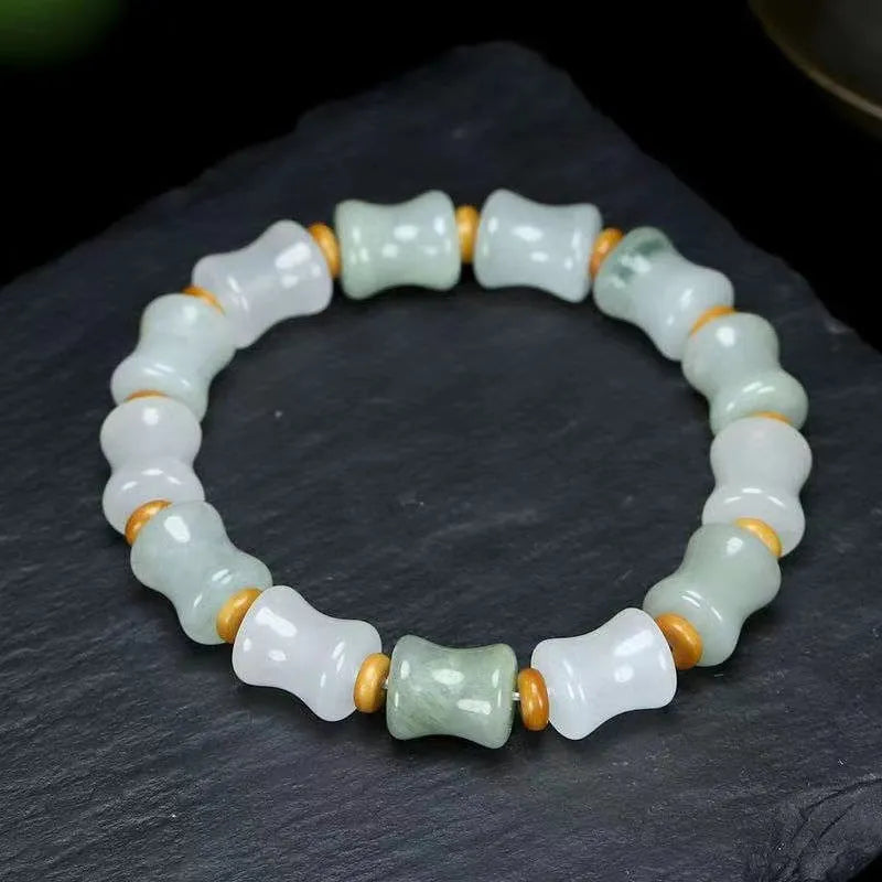 Tianshan Emerald natural chalcedony beaded bracelet with diamond-shaped jade stones and coconut shell beads on elastic string