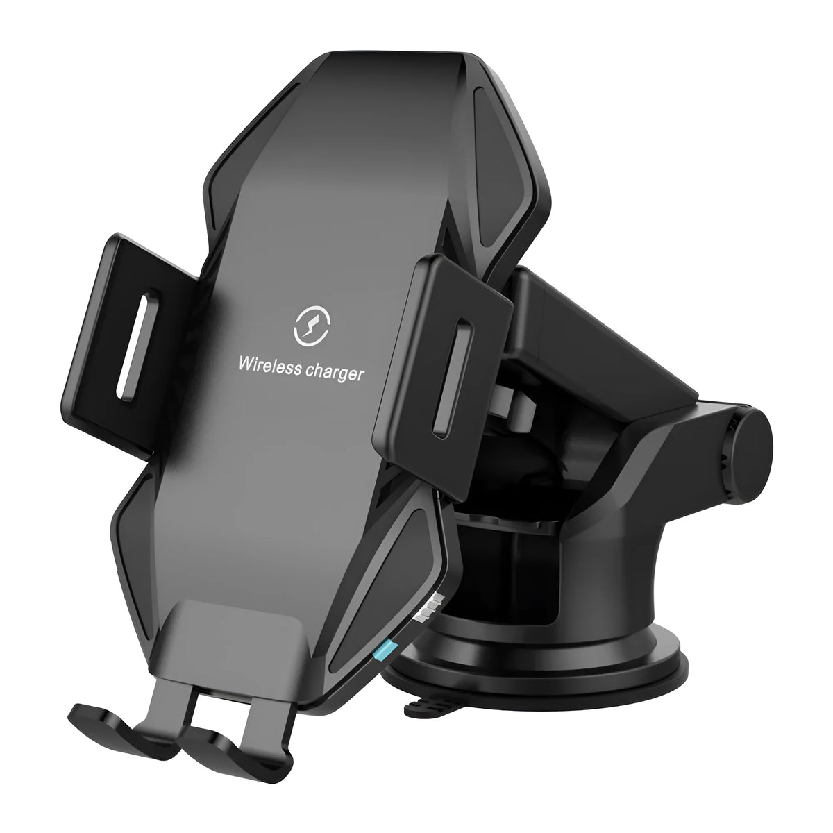Auto-sensing car wireless charger T3 black with suction cup mount on windscreen showing charging indicator