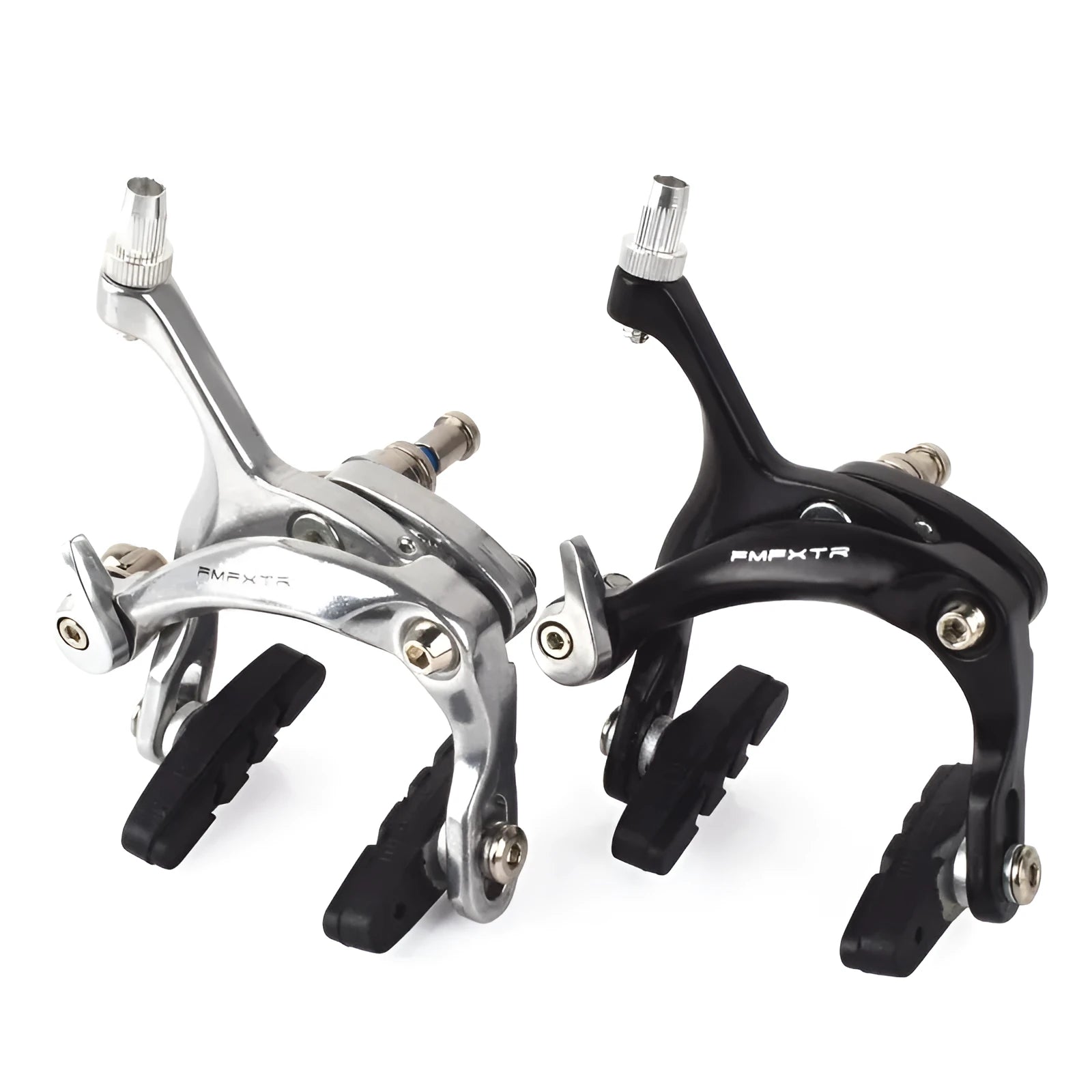 Black and silver metal bicycle brake clamps with dual-axis U-shaped design for road bike installation