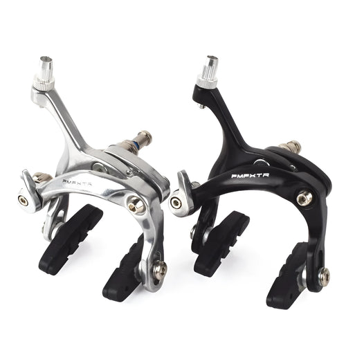 Black and silver metal bicycle brake clamps with dual-axis U-shaped design for road bike installation
