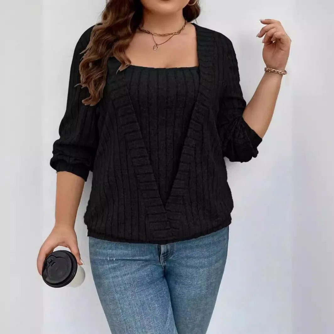Women's solid colour rib fabric false two-piece suit with V-neck and long sleeves.