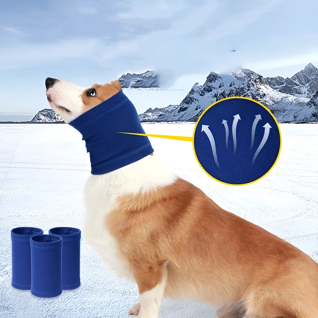 Blue and grey polyester dog headband scarf shown in small, medium and large sizes