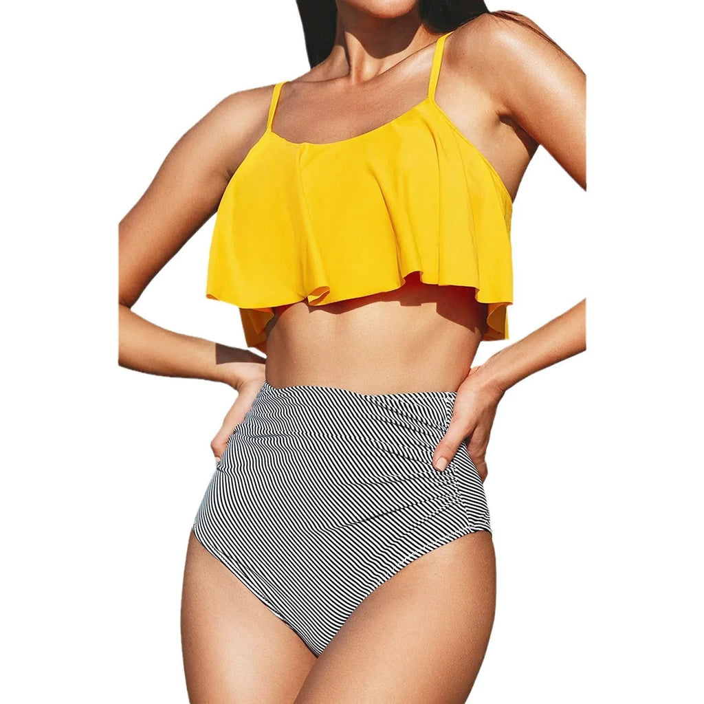 Women's striped ruffled bikini top with solid colour briefs in peacock blue
