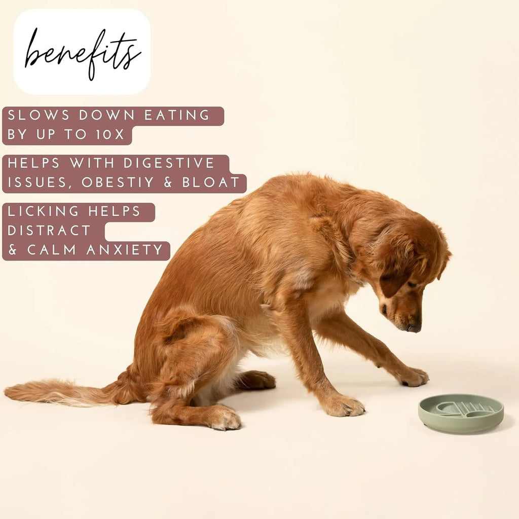 Silicone slow feeder dog bowl with ridges, shown in beige colour, measuring 19 cm.
