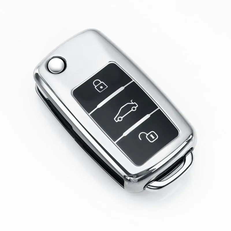 TPU car key bag for VW Model A folding key fob in silver, blue, pink, and red colour options.