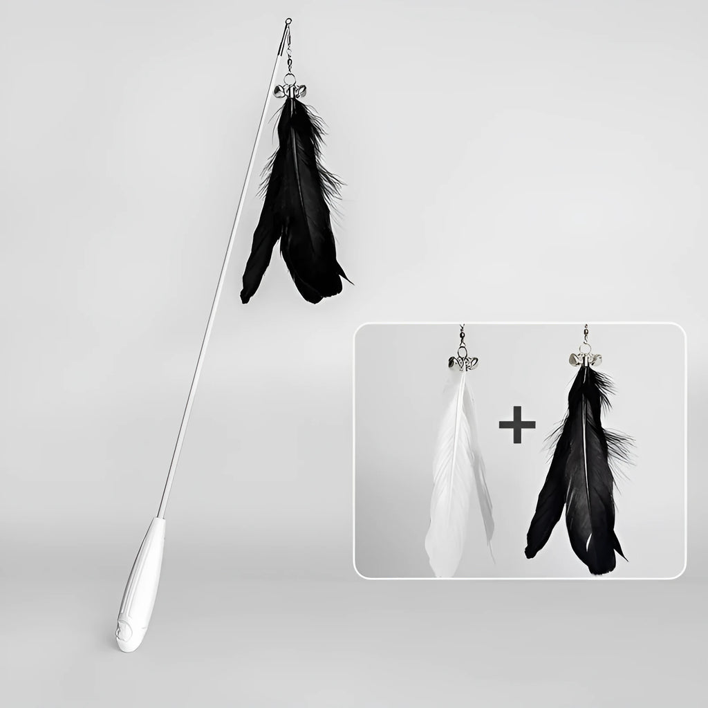 Telescopic cat fishing rod toy with goose feather lures and a bell, shown extended and collapsed.