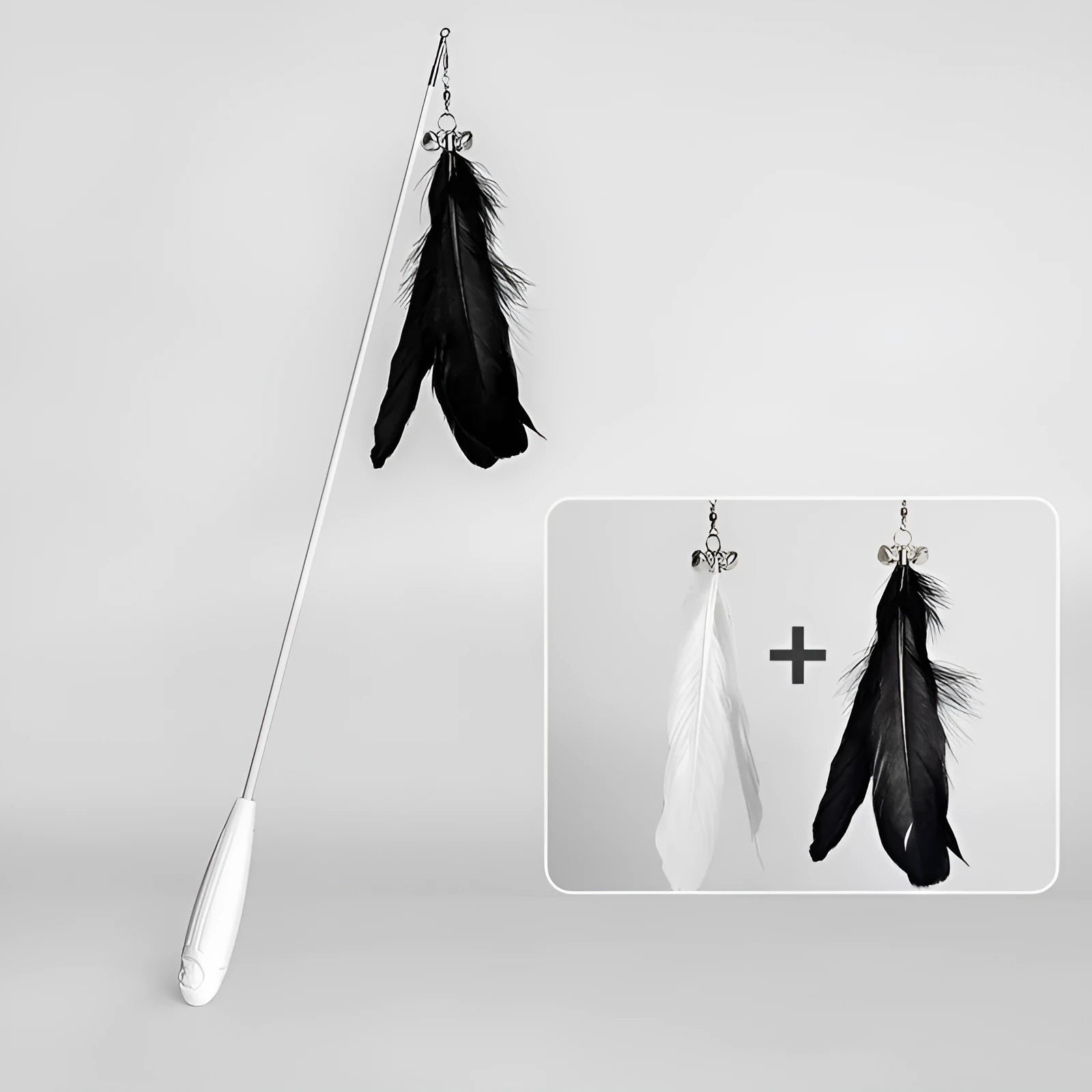 Telescopic cat fishing rod toy with goose feather lures and a bell, shown extended and collapsed.
