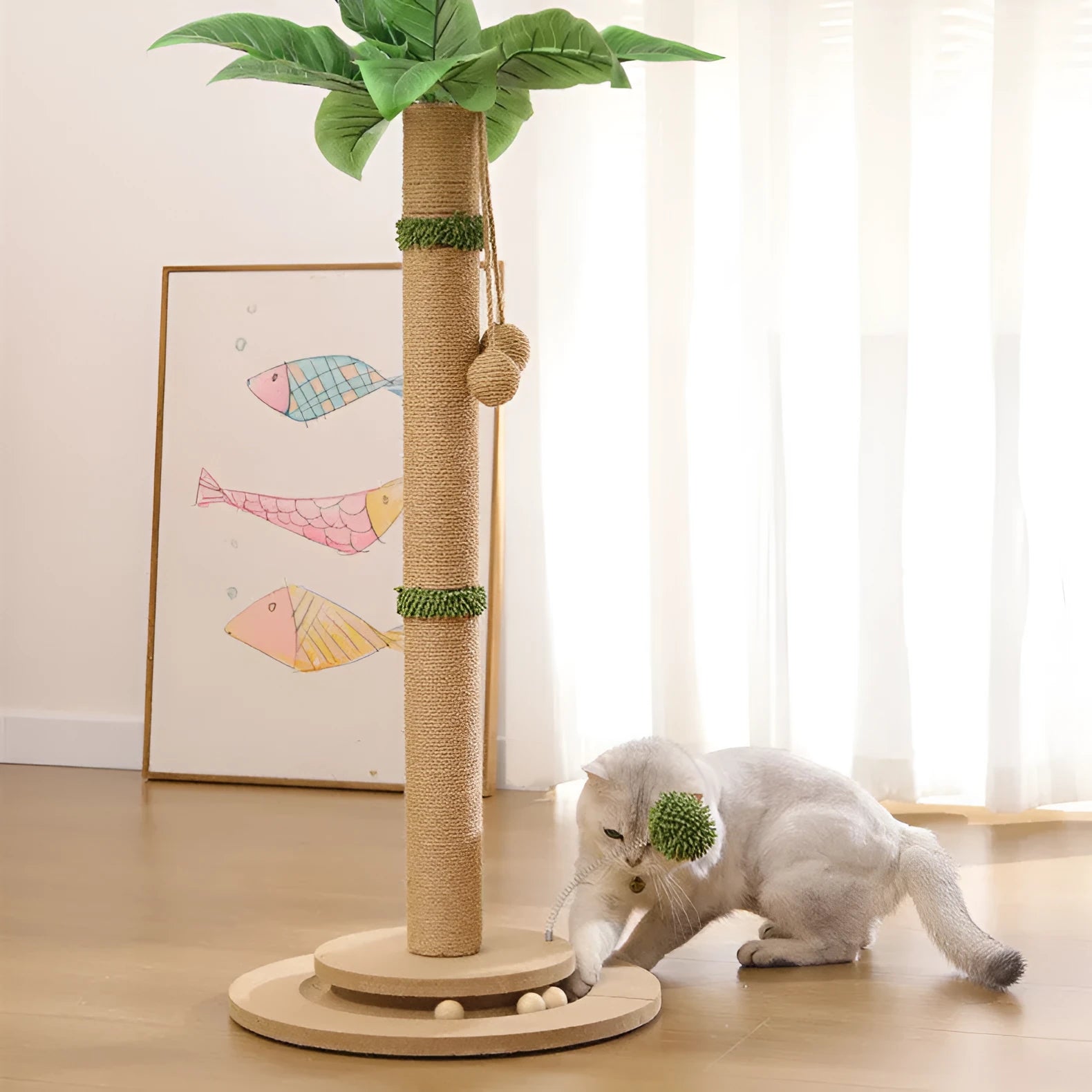 Canna coloured vertical cat climbing frame with hemp rope scratching surface and density plate base