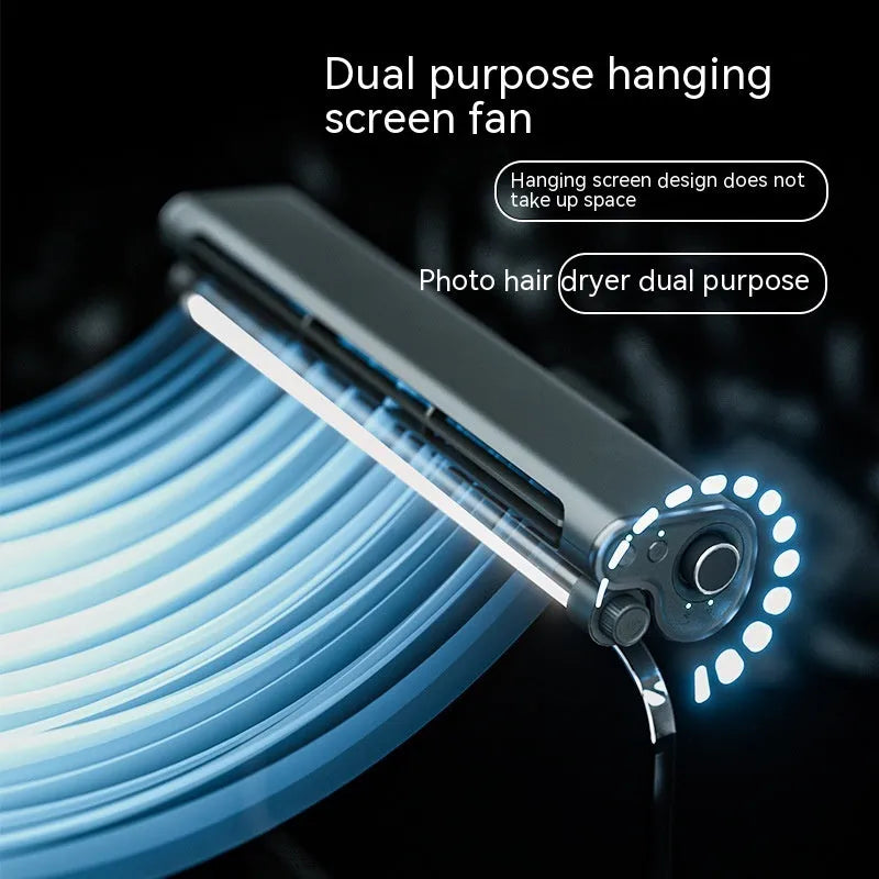 Black USB-powered bladeless fan with integrated lighting lamp clipped to computer screen