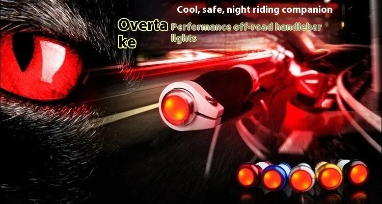 A pair of anodised aluminium bicycle handlebar safety lights in a choice of colours, showing the LED lens and mounting nut.