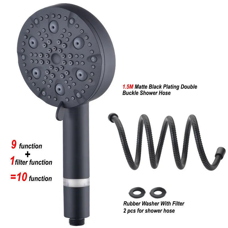 Dark matte black hand-held shower head set with filter, bracket, and hose on a white background