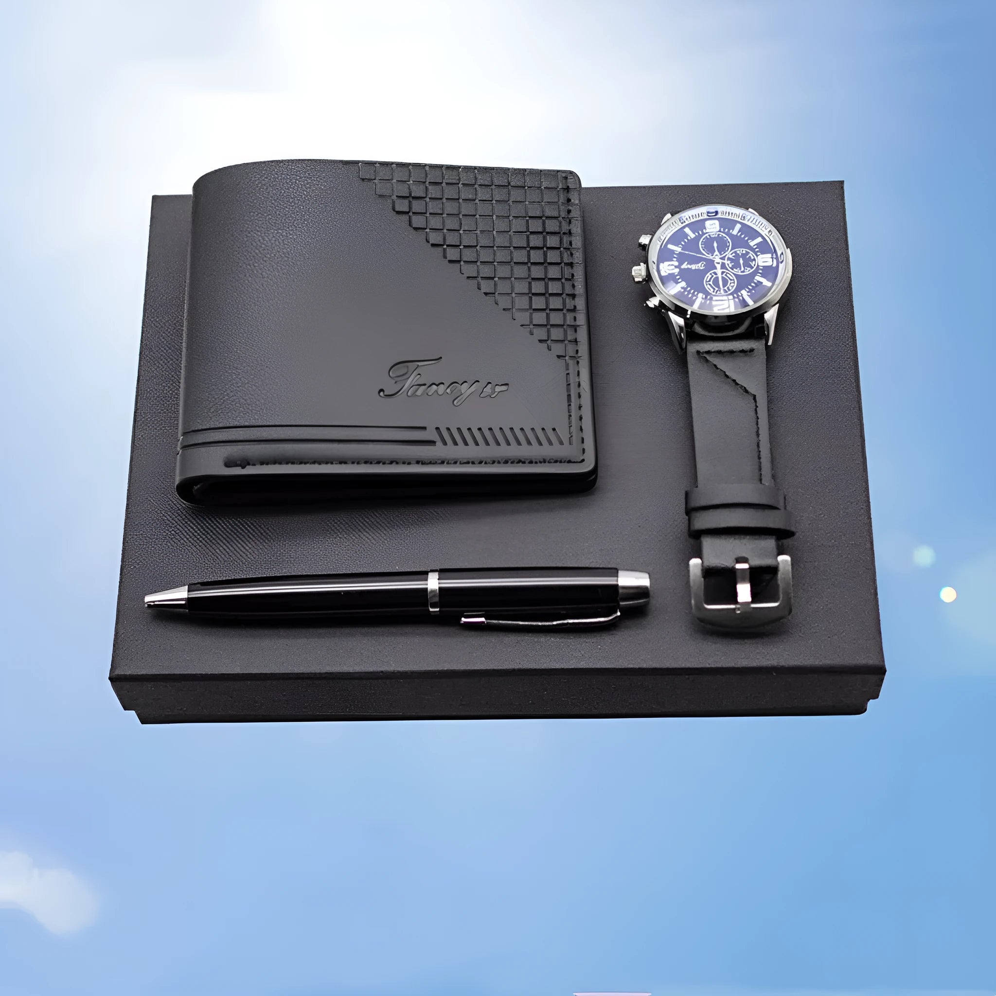 Creative holiday gift set containing wallet, pen and watch in gift box, available in black or brown