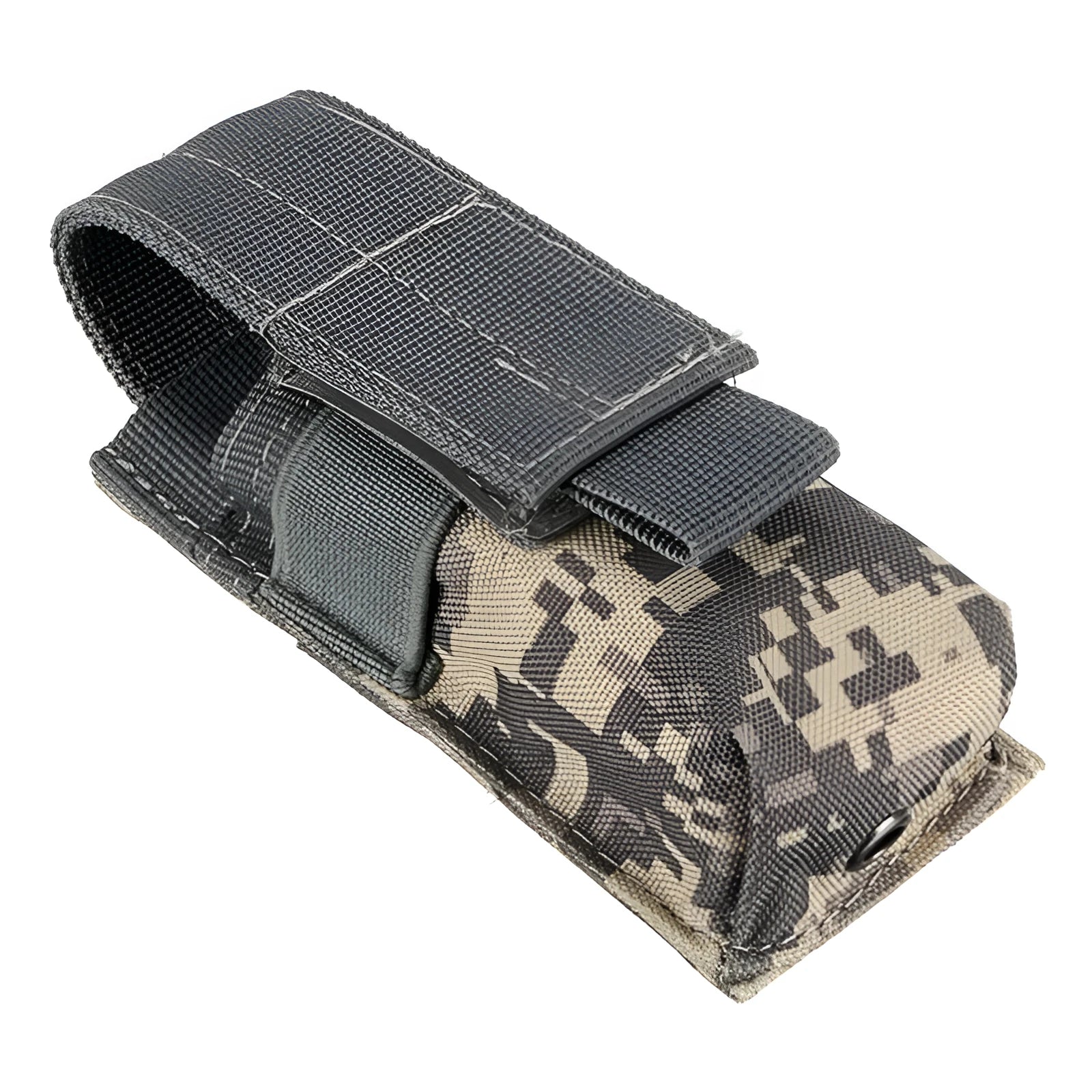 Black tactical MOLLE pouch with elastic cord closure for pistol cartridges or a small flashlight.
