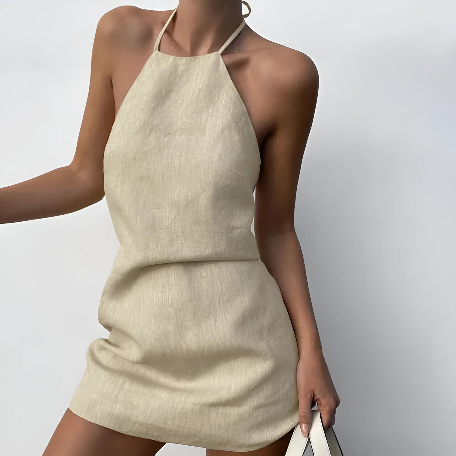 Solid colour women's A-line summer dress made from a linen blend fabric.