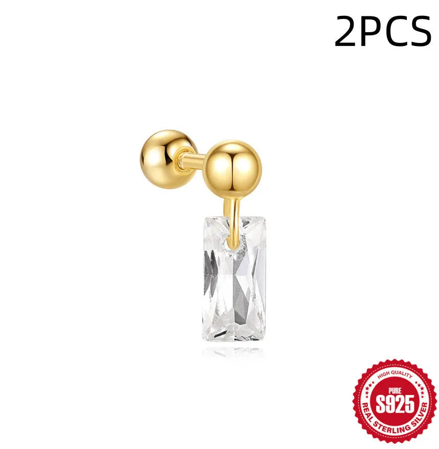 S925 sterling silver flower stud earrings with square gravel setting in golden electroplated finish