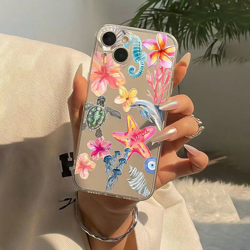 Transparent TPU anti-fall phone case for Apple iPhone with painted turtle and dolphin shell pattern, soft shell design