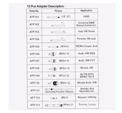 Automatic transmission oil refuelling machine kit with 13 pieces including transmission injector tool and wave box connectors