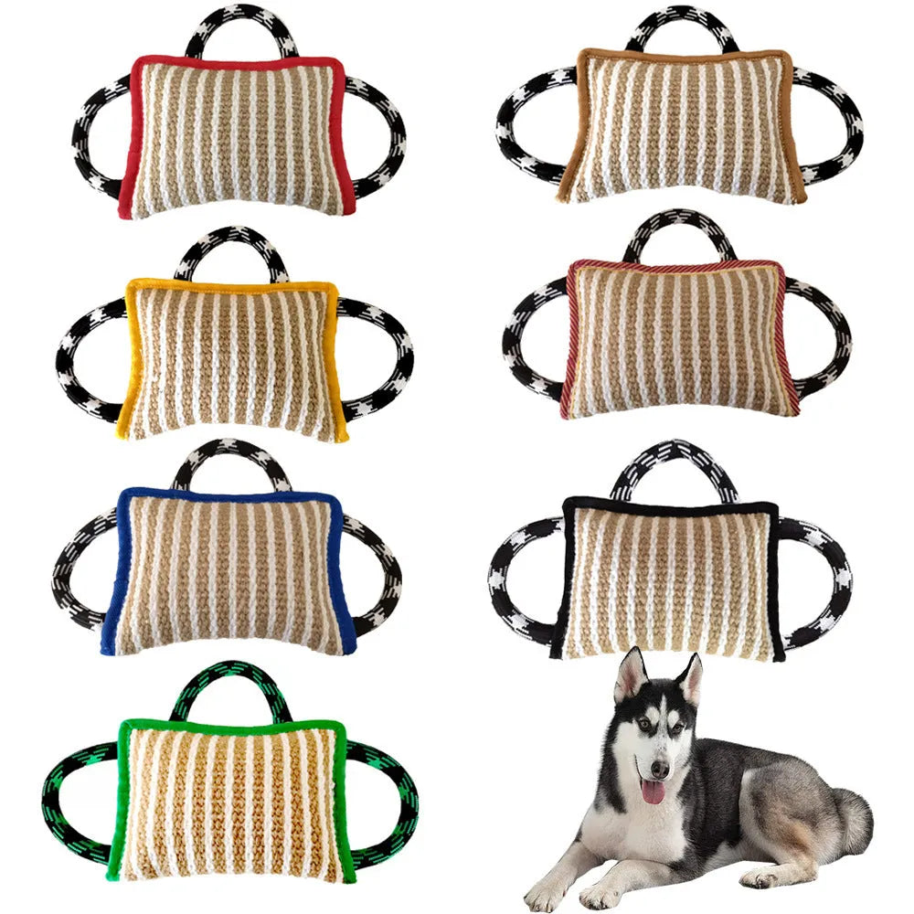 Jute dog tug toy with three rope handles showing 26 cm bite pillow for medium large dogs