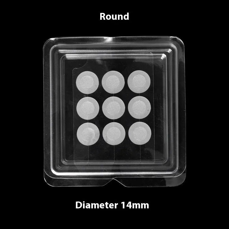 Sheet of nine 14mm soluble hyaluronic acid invisible microneedle acne patches in blister box.