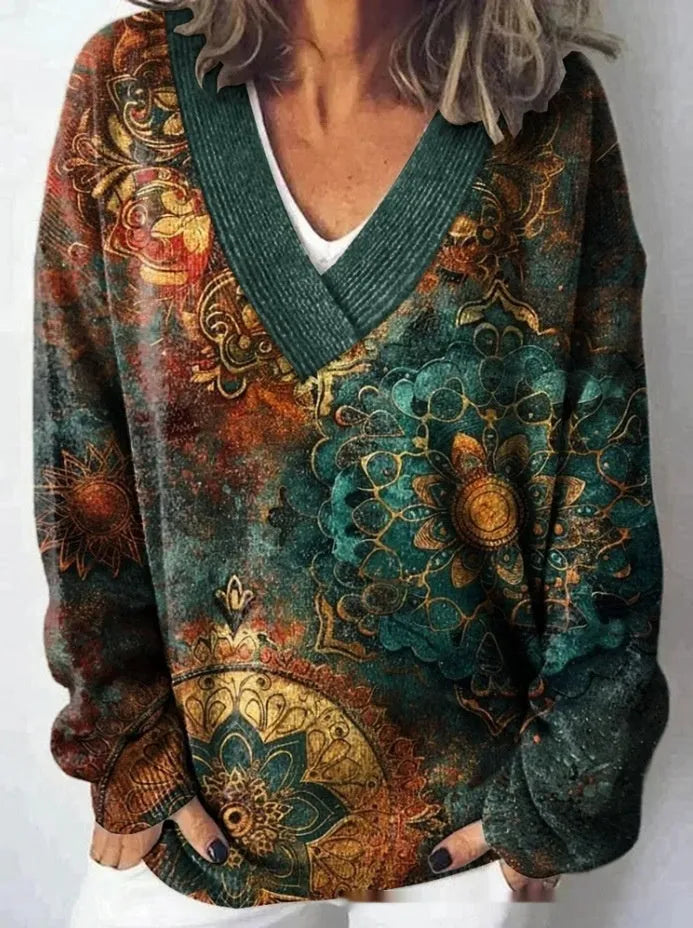 Women's floral pattern printed V-neck sweatshirt with 3D effect and long sleeves in colour E073