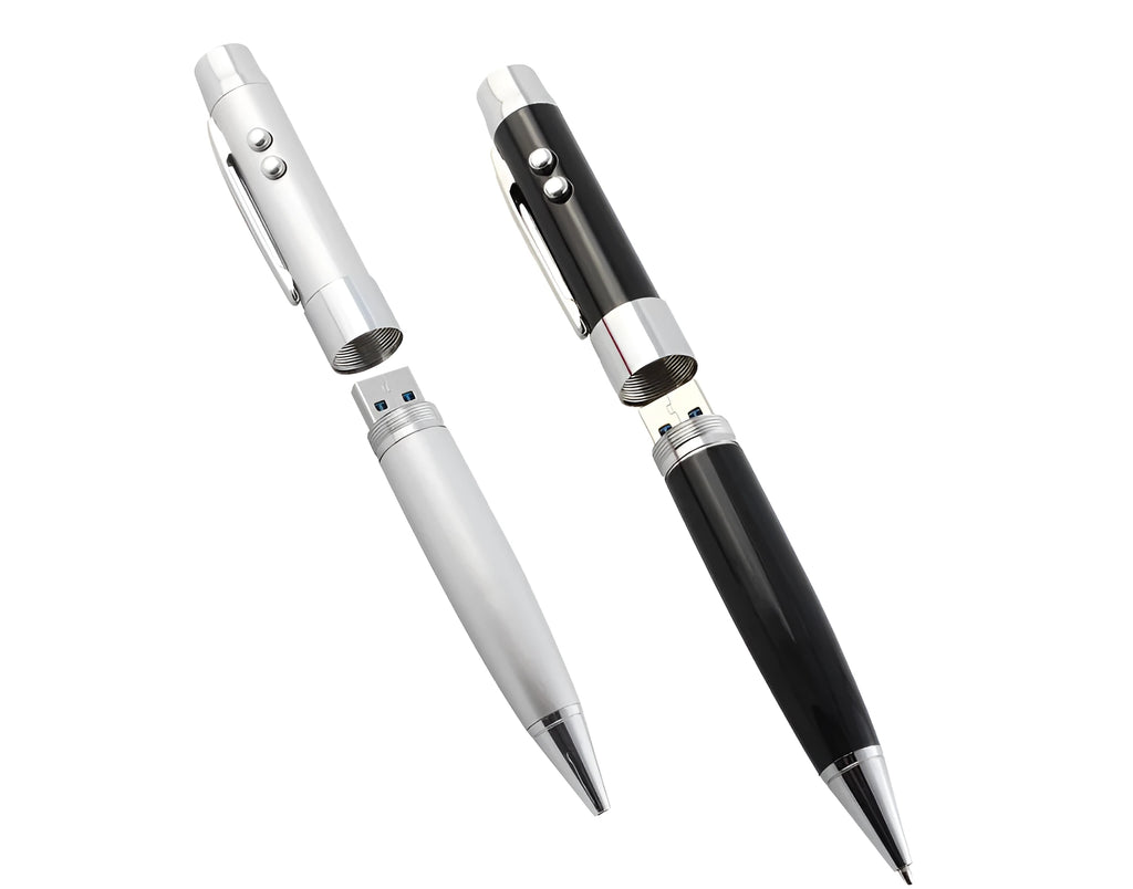 Black multi-function USB pen with metal shell and laser pointer on a white background