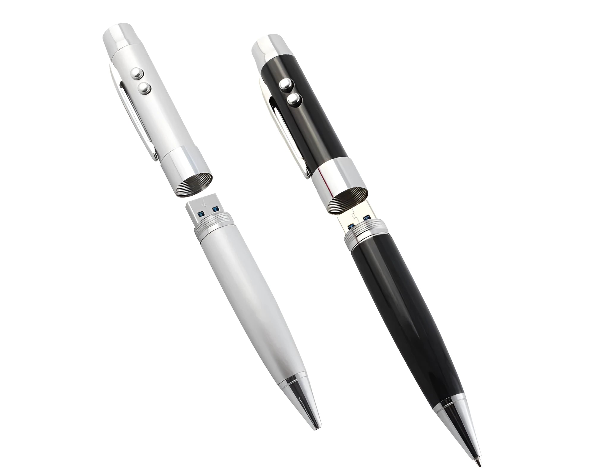 Black multi-function USB pen with metal shell and laser pointer on a white background