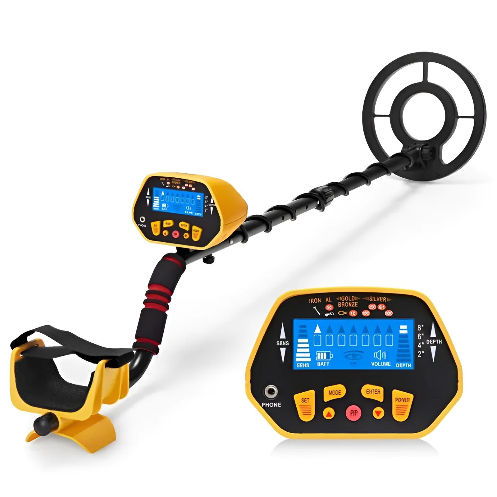 Black and yellow GC1028 professional metal detector with LCD display and adjustable pole.