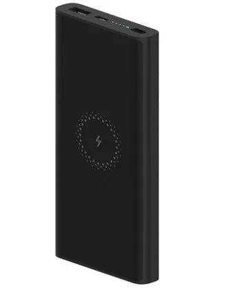 White and black 10000mAh power bank with USB-C port and wireless charging surface