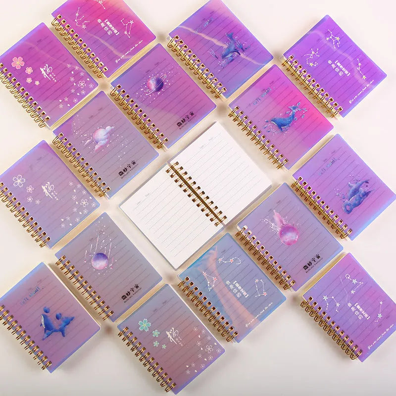 Set of 4 rollover coil A7 notebooks with PP covers in assorted colours: cherry blossoms, constellation, ocean, universe