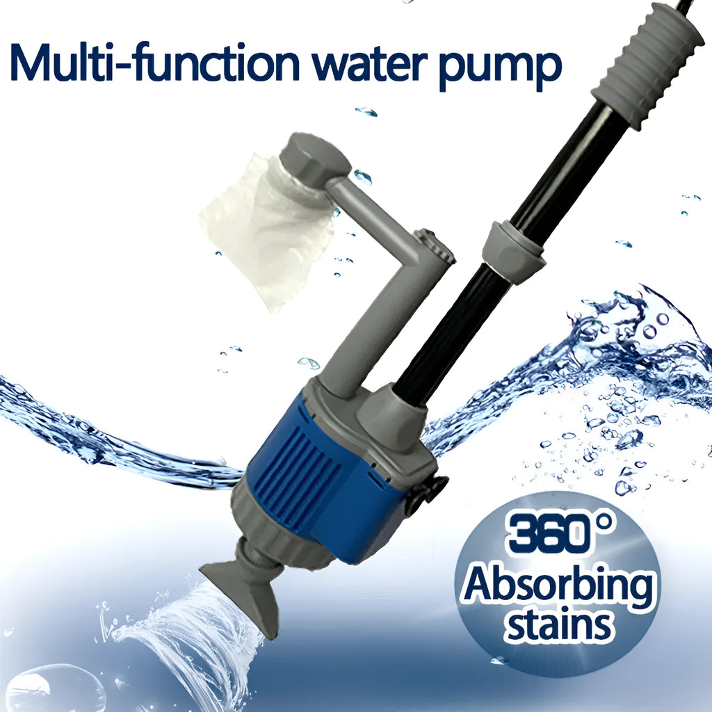 Electric aquarium water changer gravel cleaner with hose and attachments on a fish tank