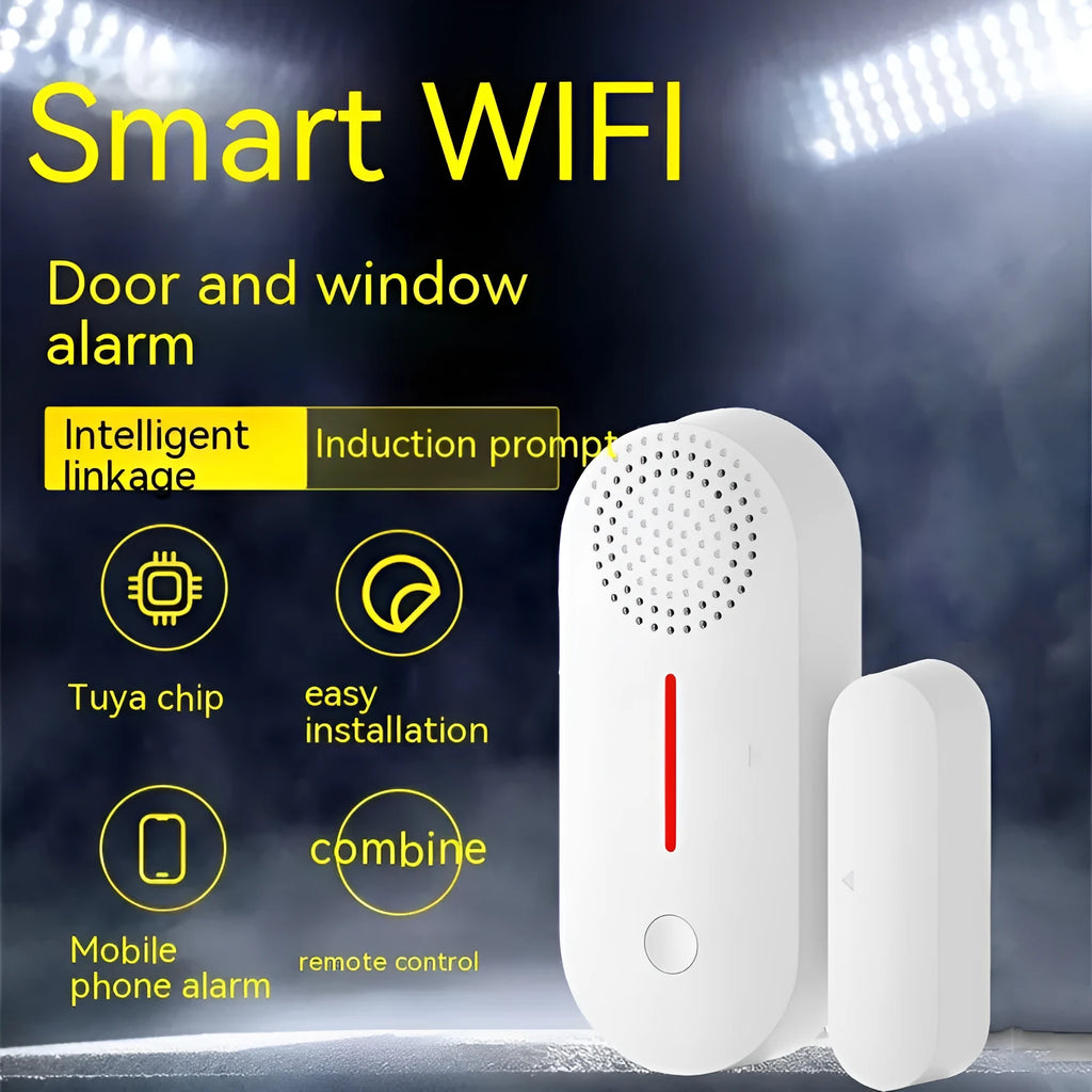 WiFi-enabled magnetic door sensor alarm with sound and light alert for smart home security