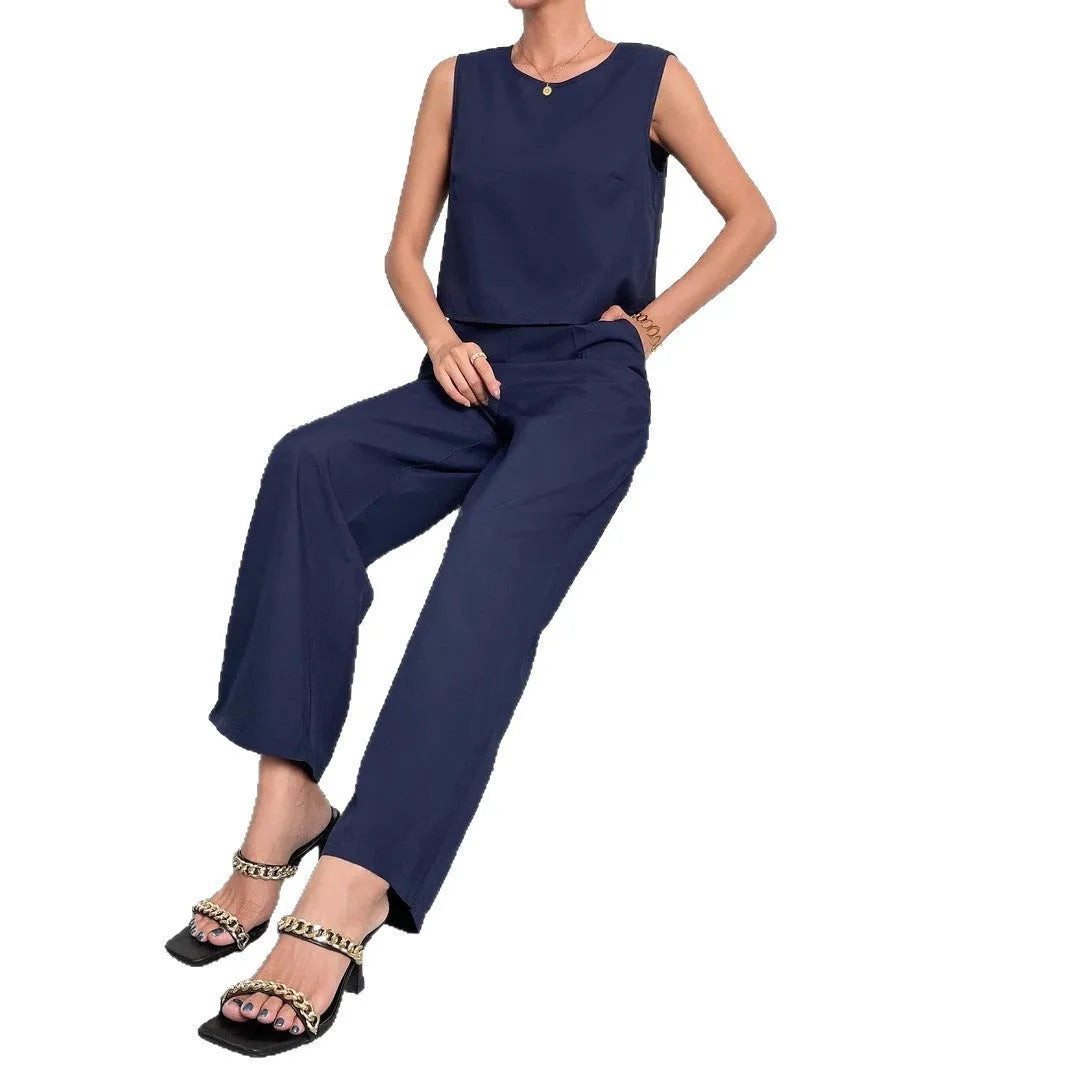Women's red sleeveless top and wide leg trousers two-piece clothing set