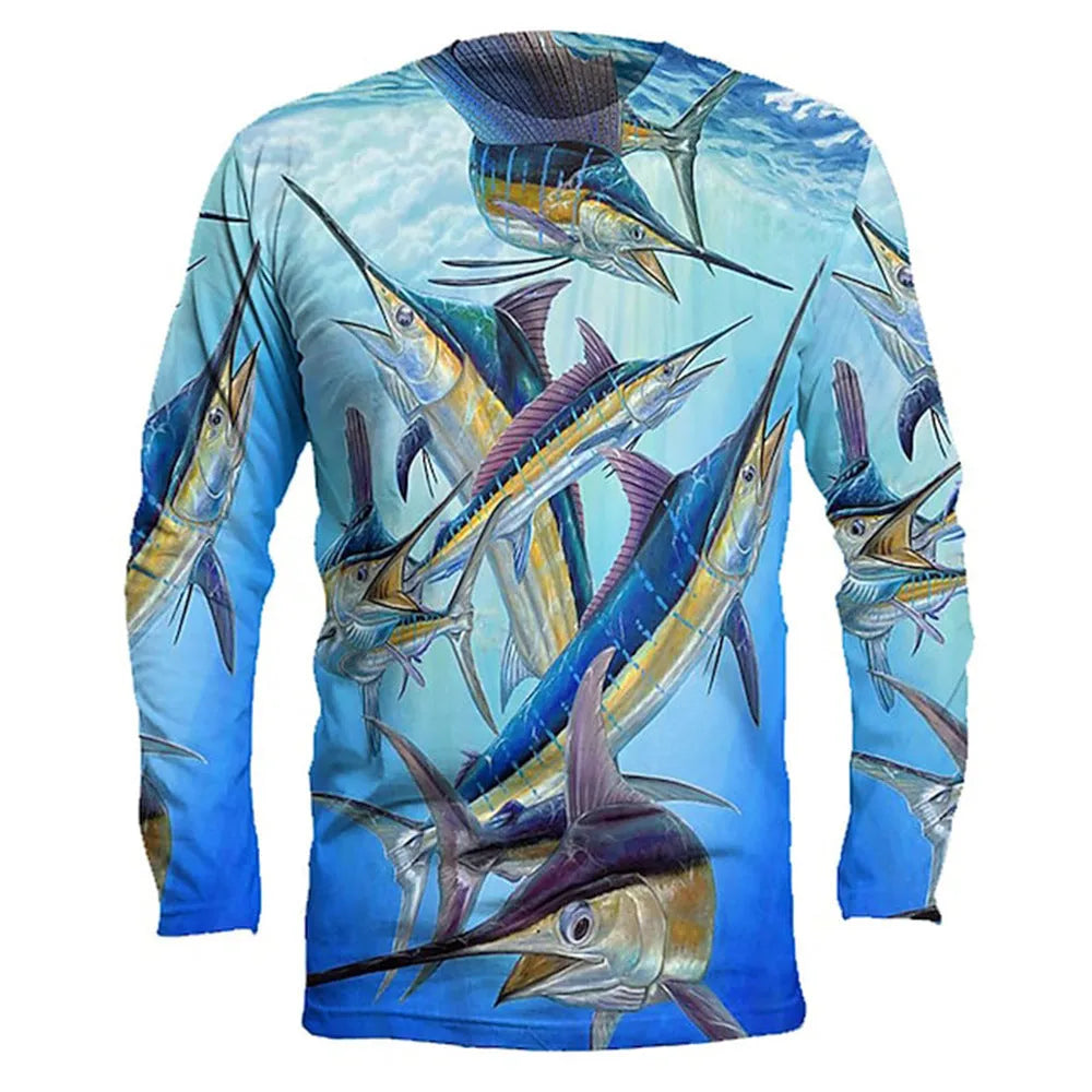 Men's grey round neck pullover with a large colourful fish graphic print on the front.