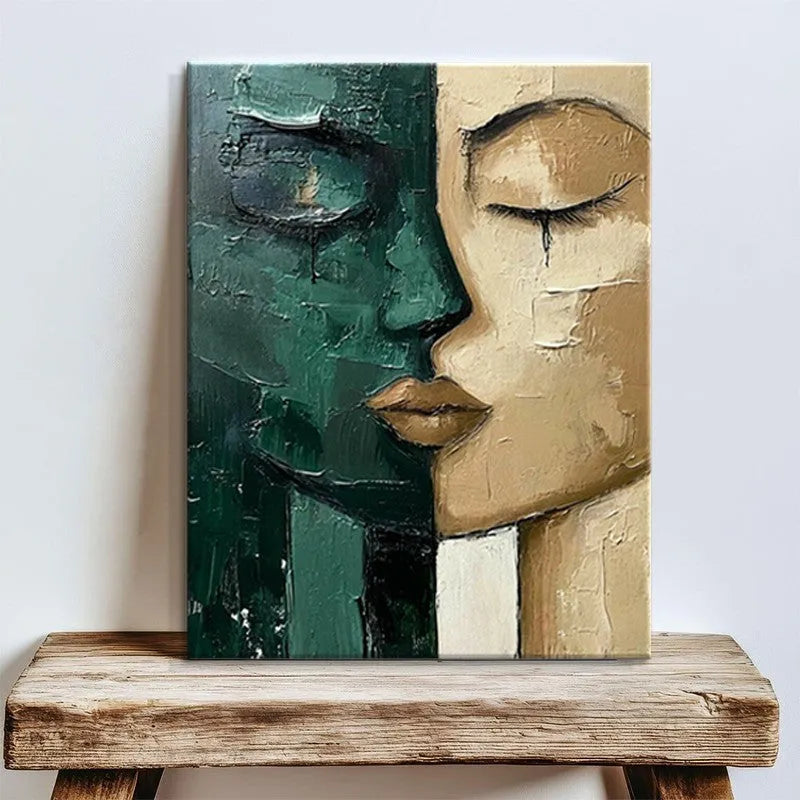Hand-painted oil painting modern art green and beige abstract face on canvas wall decor for living room
