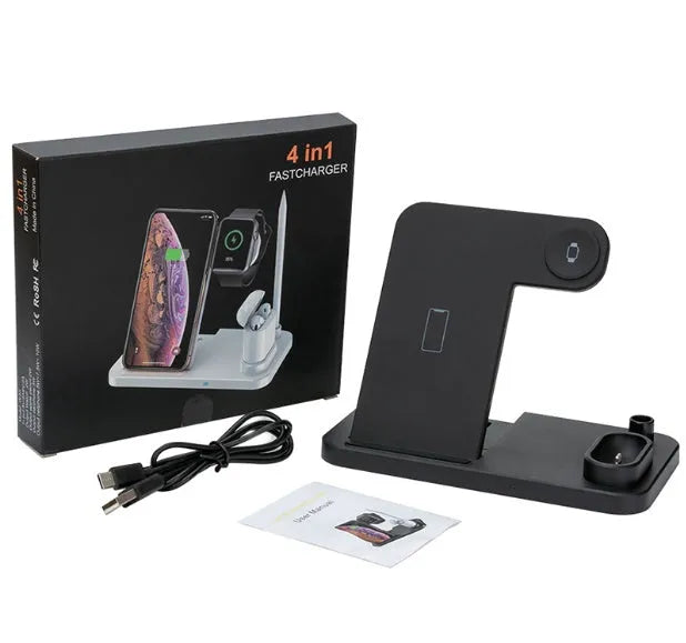 Black 4-in-1 wireless charging station with phone on adjustable stand, Apple Watch, and AirPods charging.